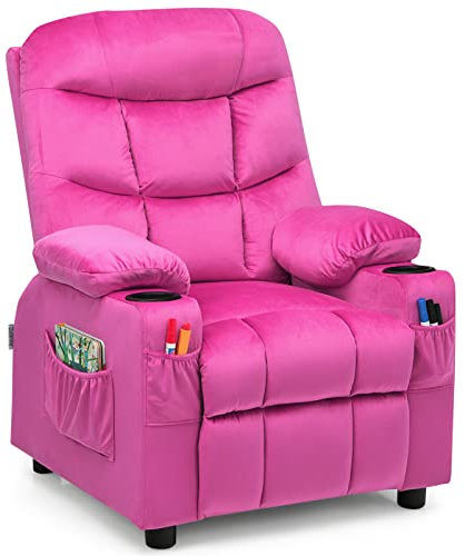 COSTWAY Kids Velvet Recliner Chair, Adjustable Children Armchair Sofa with 2 Cup Holders, Footrest, Side and Front Pockets, Toddler Gaming Lounger for Boys Girls (Pink)