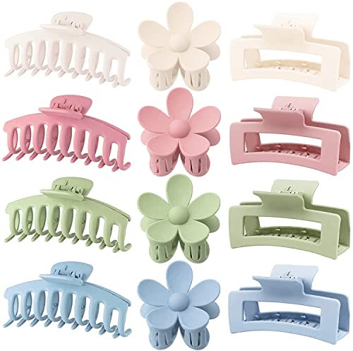 Große Haarklemmen 12 Stück Blumen-Haarklemmen für dickes Haar große Haarklemmen niedliche Haarklemmen 3 Stile Haarklemmen für dünnes Haar Frauen (Blau, Rosa, Khaki, Grün)