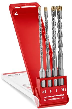 kwb HB2X SDS Plus Bohrer Set, 4 tlg., 160 mm, Ø 5/6 / 8/10 mm (HM X Cross Point, U-förmige gefräste Spirale, 40 CR Stahl, SDS Plus)