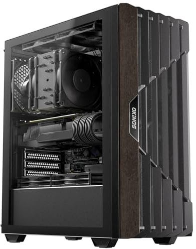 Okinos Oak Wood ATX PC Case, 4 x 120mm 3 Pin Non-PWM Case Fans Pre-Installed, Type-C Port, Tempered Glass Side Panel, Black Mid-Tower Computer Case, Cypress 5 AIR