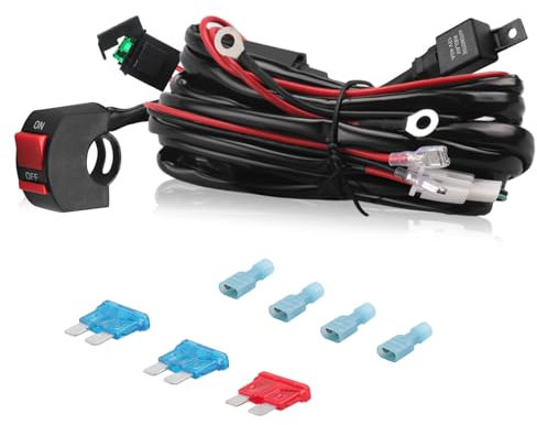 Erato Kit cablaggio per motocicletta con luce LED con kit relè da 12 V 40 A con 2 connettori per luci Fusibile in linea da 30 A per barra luminosa Luci di guida Fendinebbia Luci di lavoro ausiliarie