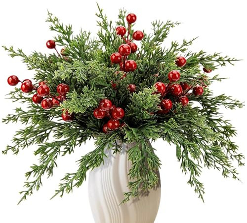 45 Stück Tannenzweige Künstlich Wie Echt mit roten Beerenstielen, 26.7 cm große künstliche tannenzweige, realistische immergrüne Norfolk-Kiefernzweige für Vasen, Weihnachtsdekoration