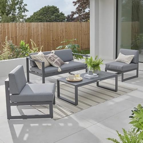 KETTLER Versa Sofa Set - 4 Seater with Coffee Table - Garden Furniture, Outdoor Lounge, Sturdy Aluminium Frame, Matching Grey Cushions