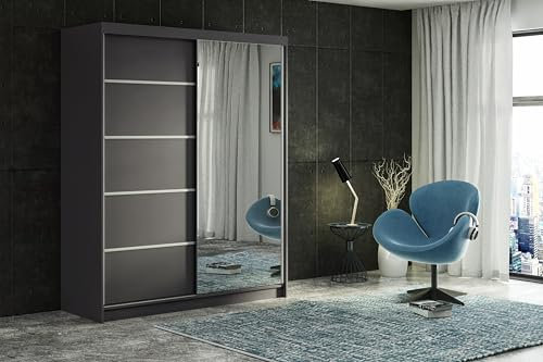 ELUKS CARLI Modern Sliding Door Wardrobe with Mirror, 2 or 3 Doors, 4 colours: WHITE/BLACK/OAK/GREY 5 sizes: 100cm/120cm/150cm/180cm/200cm (Grey, 120cm no Drawers)