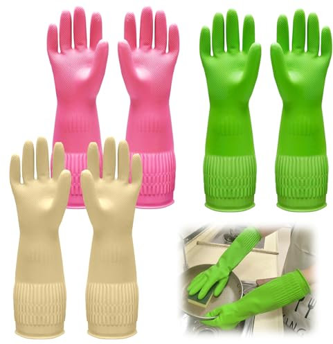 3 Pares Guantes de Limpieza en Látex Natural Reutilizables Antideslizantes e Impermeables Resistente al Aceite Elasticidad Ideales para Cocina, Baño y Jardinería (Rosa + Verde + Amarillo, M)
