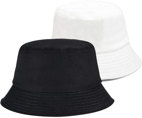 SEFIRST 2 Stück Fischerhüte Bucket Hat, Sonnenhut Baumwolle Bucket Hut Fischerhut Anglerhut für Damen Herren, UV Schutz Faltbar Sommermütze Freizeithut Herbst Wandern Camping Reisen, Weiß Schwarz