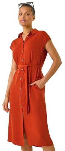Roman Shirt Dress for Women UK Ladies Short Sleeve Sleeveless Belted Collared Midi Maxi Summer Spring Smart Casual Button Evening Office A Line Swing Skater - Rust - Size 16