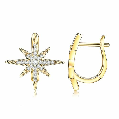 AMDXD Gelbgold 14K Au585 Ohrringe Frauen Echtes, Stern Creolen mit Diamant, 585 Gold Ohrstecker