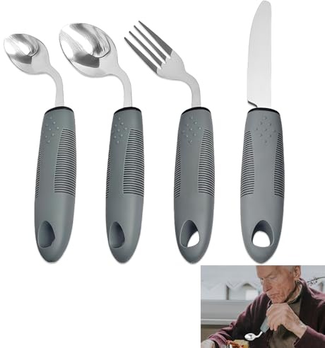 EXIN DECHEN 4-Teiliges Parkinson Besteck, Parkinson Hilfsmittel Grau, Biegung Besteck für Senioren Griffverdickung Bestecks für ältere Menschen, Behinderte, Arthritis, Parkinsons, Zittern, Betroffene