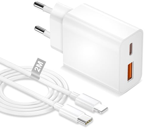 Caricatore iPhone, Caricatore USB C 20W con Cavo Lightning 2 Metri [Certificato Apple MFi], Presa USB C Caricabatterie Rapido Fast Charger per iPhone 14 13 12 11 Pro Max Mini SE XS XR X 8 Plus iPad