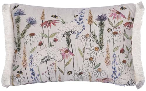Voyage Maison Hermione Feather Filled Cushion – Fringed Nature Inspired Bee Floral Watercolour British Design (Linen - 40x60cm)