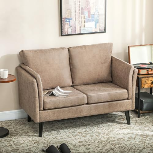 HOMCOM 2 Seater Sofa Modern Small Sofa with Thicken Cushion Light Brown | High-Resilience Foam, Rubber Wood Legs, Leathaire Upholstered Loveseat Settee, Living Room, Bedroom, Home Office