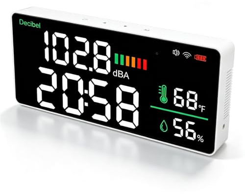 Yanmis Medidor de Decibelio WiFi 4 en 1 con Pantalla LED de 11 Pulgadas - Termómetro Higrómetro Reloj para Interior, Monitor de Ruido de 30-130 dBA con Sensor Preciso, Batería 2000