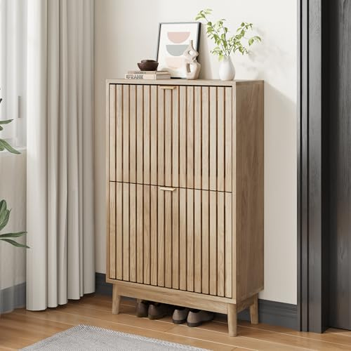Kiasthome 2-flügiger Schuhschrank mit Klappschubladen, Holz-Schuhorganizer mit belüfteten Lamellentüren für Eingangsbereich, Flur, Wohnzimmer (Naturholz, 60B)