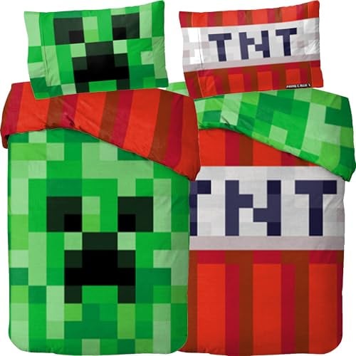 Minecraft Bettwäsche Creeper TNT 135x200 cm + 80x80 cm 100% Baumwolle Biber/Flanell Wendemotiv warm weich Kinderbettwäsche Jungen Mädchen Fanartikel YKK Reißverschluss Geschenk
