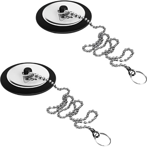 2PCS Universal Bath Plug - Rubber Sink Plug Replacement - Drain Stopper with Stainless Steel Chain - Leakproof Plug for Bathroom Bathtub Kitchen Laundry Sink (Black)