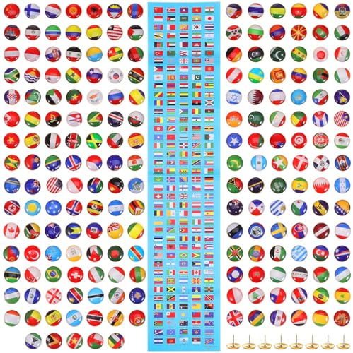 Luxshiny Assorted Country Flag Push Pins 200 Pcs Steel Map Thumbtacks for Personal Items Like Bags, Hats, Clothing and Office Use