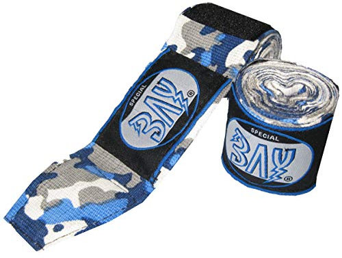BAY® Camouflage Boxbandagen Box-Bandagen - BLAU schwarz weiß - Hand Wraps elastisch Elastik 250 cm 2,5 m Handbandagen Faustbandagen Kickboxen Boxen MMA Muay Thai Thaiboxen Camou, Camo