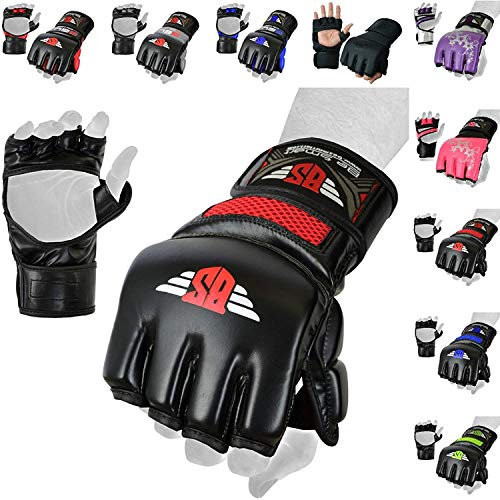 BeSmart MMA (Mixed Martial Arts), Grappling-Handschuhe (Griffkampf), UFC, Gel Tech, Thaiboxen, aus Rex Leder (Anilinleder), Herren damen Kinder, Red Mesh, S