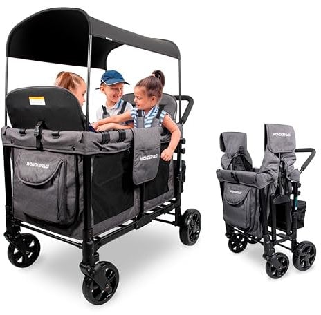 WONDERFOLD W4 Original Kinderwagen (4-Sitzer) – zusammenklappbarer Wagen mit Sitzen mit 5-Punkt-Gurten, leicht zugänglicher Reißverschluss-Tür und abnehmbarem Sonnendach, Grau