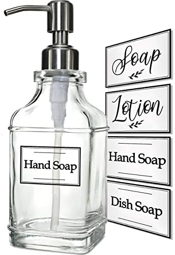 JASAI Antique Design Soap Dispenser with Rust Proof 304 Stainless Steel Pump, Refillable Clear Glass soap Dispenser with 10Pcs Clear Stickers, Premium Kitchen & Bathroom Soap Dispenser