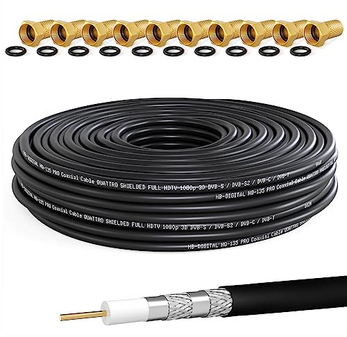 HB-DIGITAL 50m Cable Coaxial HQ-135 Cable de Antena 135dB Cable SAT 8K 4K UHD 4 Veces Apantallado Para Sistemas DVB-S / S2 DVB-C / C2 DVB-T / T2 DAB+ Radio BK + 10 F-Plug GRATIS