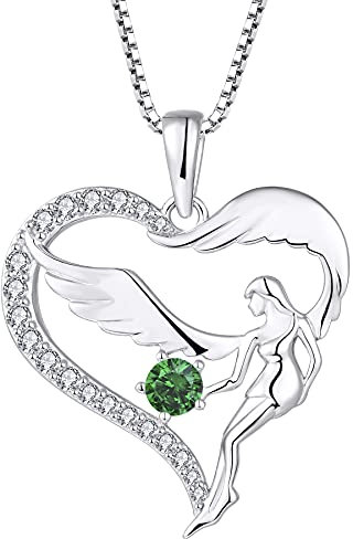 FJ Herz Schutzengel Halskette Damen 925 Sterling Silber Engelsflügel Kette Anhänger Smaragd Mai Geburtsstein Halskette Schmuck Geschenke für Frauen Mädchen