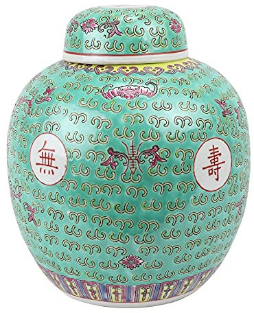 Fine Asianliving Pot à Gingembre Chinois Longévité Peint à la Main Vert D21xH25cm Chinois Vase avec Couvercle Asiatique Jingdezhen Mandarin Décorative