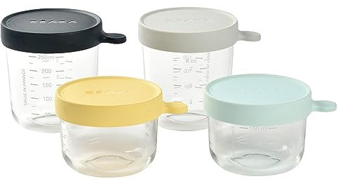 Béaba, Lot 4 Portions Conservation Repas Bébé/Verre Extra Résistant, Made in France, 100% Hermétique, Résiste choc thermique, Congélation, Stérilisation, Graduation, 2x 150ml-2x 250ml, Yellow