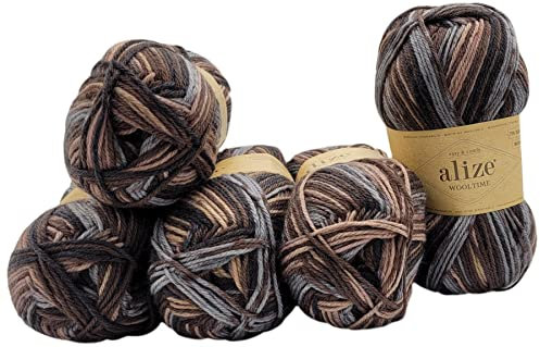 5 x 100 Gramm Sockenwolle Ilkadim Export Wooltime mehrfarbig, 75% Superwash Wolle, 500 Gramm Strickwolle für Stricksocken und Strümpfe (braun beige grau 11015)