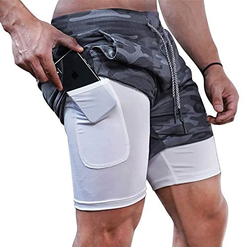 XDSP Shorts Herren 2 in 1 Trainingsshorts Sommer Kurze Hosen Schnelltrocknende Laufshorts, Trainingsshorts Sporthose mit Taschen Kompressionsshorts (Camouflage grau, XL)