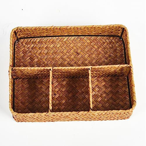 Bafnsiji Drawer Organiser Divider, Woven Seagrass Rectangular Storage Basket, 4 Compartments Cutlery Tray, Seagrass Cutlery Tray, Desktop Clutter Storage Basket,B