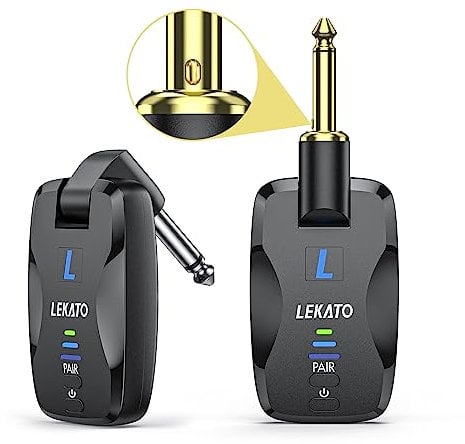 LEKATO 2.4GHz Guitar Wireless System Designed with Slient Plug, Wireless Guitar Transmitter Receiver, Rechargeable Cordless Digital Audio Guitar Bass System for Electric Instruments Bass Violin