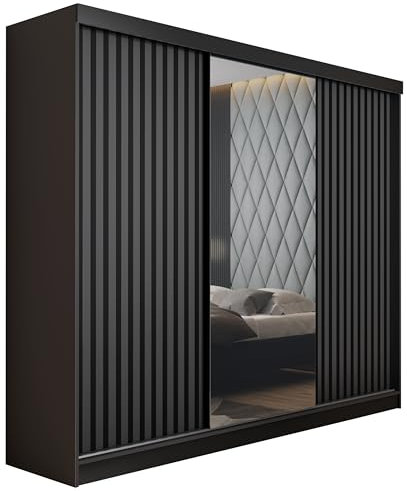 KIER FURNITURE Mehrzweckschrank Malani 200 Schiebetürenschrank - Eleganter Kleiderschrank Schrank Garderobe Spiegel - Wohnzimmerschrank Schiebetüren - Graphit Anthrazit 200x205x59 cm