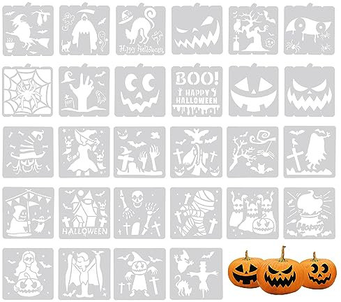 28pcs Pochoir Halloween, Pochoirs de Peinture Éléments Fantômes d'Araignée Chauve-Souris Citrouille Pochoir pour Scrapbooking DIY Artisanat Décoration Murale en Bois