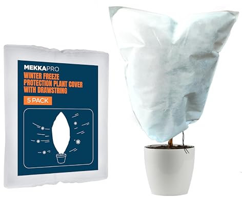 MEKKAPRO Cubre Plantas Invierno - Pack 5 Mantas Árbol con Cordón - Tela Anti Helada 70gsm para Rosales y Arbustos Resistente a Rayos UV – Protector Plantas Invierno hasta 6º Bajo Cero - 61 x 57 cm