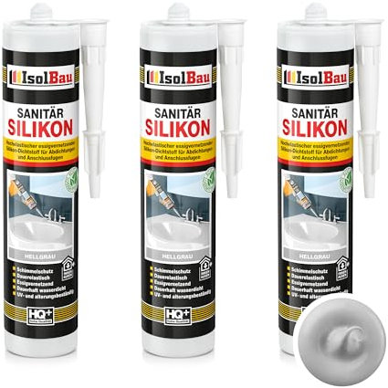 Isolbau Sanitär Silikon 3 x 300 ml Hellgrau - Hochelastischer Silikon-Dichtstoff für Abdichtungen & Fugen – Schimmelresistent, wasserdicht - Kartusche