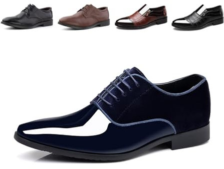 Hitmars Scarpe Stringate Uomo Scarpe Derby Oxford Lace Up Scarpe Pelle Verniciata Dress Shoes Basse Brogue Lavoro Sposa FL1813 Blu EU 48