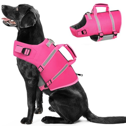 PUZAUKAL Giubbotto Salvagente Cane Ripstop Salvagente per Cani con Manico e Strisce Riflettenti Giubbotto di Salvataggio per Cani regolabile con Buona Galleggiabilità per Nuoto,Spiaggia,Rosa-XL