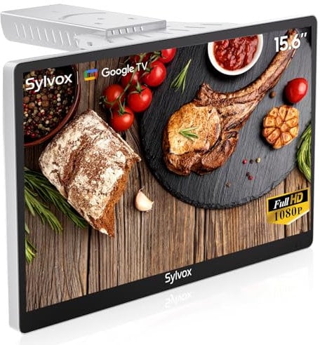 SYLVOX 15,6 Mini TV Ribaltabile, Smart Google Televisore 1080P FHD +/-45° Orientabile - 12V Pieghevole a 90° | DVB-C/T2/S2 | Google Assistant | Kitchen Televisione per Cucina, Camper, Camera
