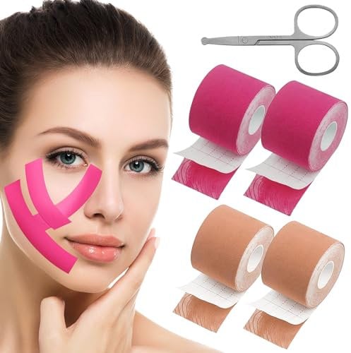 4 Stück Face Tape, Face Lifting Tape 2.5cm*5m, Gesichtstape Gegen Falten, Gesichtstape Falten Multifunktional Wrinkle Patch Face Taping Gegen Falten Für Stirnfalten Smile-Linien, Mit Einer Schere