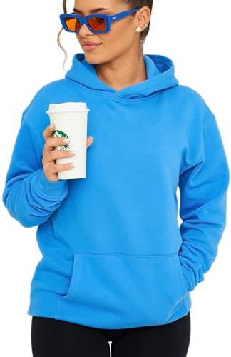 behype. Damen Oversize Hoodie Kapuzenpullover Einfarbig Basic Heavy Blank Pullover Unifarben Kapuzen-Sweatshirt Für Frauen DC_Damen_8001-Blue-XXL