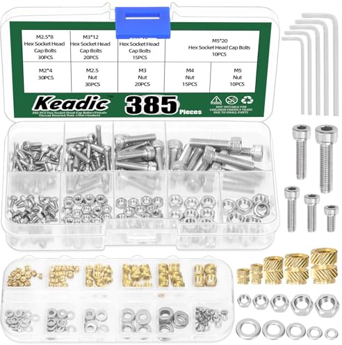 Keadic 385PCS Threaded Inserts M2 - M5 Brass Heat Set Insert, Hex Socket Head Cap Bolts Hex Nuts Washers Allen Wrenches, Socket Head Screw and Thread Brass Knurled Nut Set9(304 Stainless Steel)