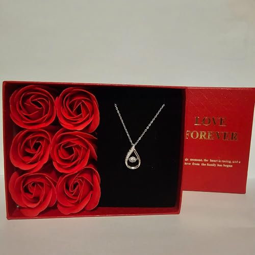 Générique Coffret Cadeau Romantique avec Roses Rouges et Collier, Boîte 'Love Forever' avec 6 Roses Artificielles, Pendentif en Cristal