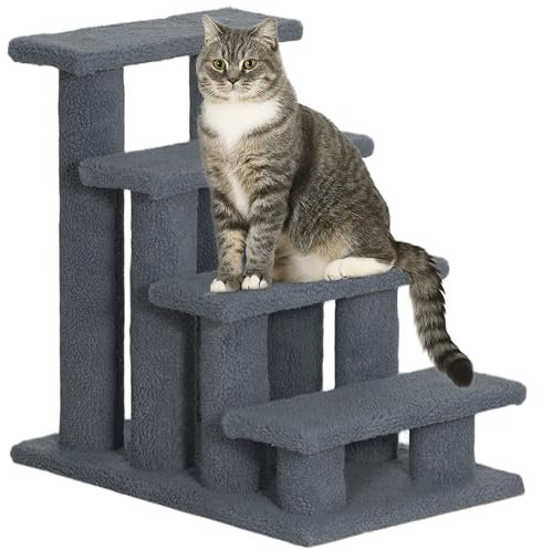PawHut Scaletta per Cani e Gatti a 4 Gradini con Rivestimento in Peluche, Scala per Gatto e Animali Domestici Antiscivolo, Scalini per Cuccioli per Letto e Divano, 61x41x60cm Grigio