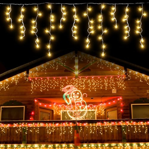 Eisregen Lichterkette Außen, 10M 400LED Warmweiß Eisregen Weihnachtsbeleuchtung Außen mit Timer, IP44 Wasserdicht 8 Modi mit Stecker für Innen Außen Balkon, Party, Hochzeit, Haus, Fenster,Garten Deko