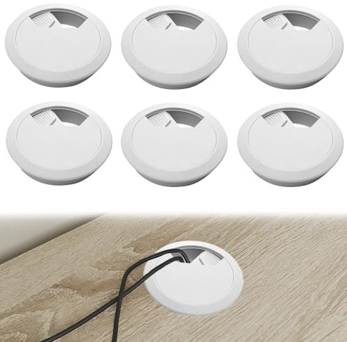 Huybaa 6 Piezas Tapa Pasacables de Escritorio de 50mm, Cubierta de Cables de Escritorio Redondo Blanca de 50mm, Cubierta de Cables de Plástico Blanco