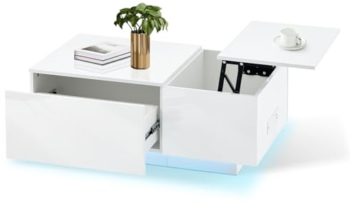 CLIPOP Lift Top Coffee Table with Charger Station, High Gloss Coffee Table with 2 Drawers, Modern Sofa Side Table for Home Office Living Room