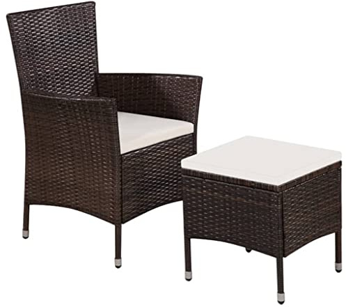Ziaphsol Gartenstuhl und Hocker mit Polstern, Poly Rattan Braun, wetterfestes Outdoor-Möbelset für Balkon und Terrasse, 110 kg Traglast