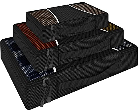 Vinsani 3pc Packing Cubes Travel Organiser Set for Suitcase, Black | Lightweight, Travelling Essentials Luggage Storage Compression Bags for Multi Toiletries & Clothes